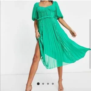 emerald green frill detail pleated midi dress Romance Ruffle Dress, in Moss Green Luxe Satin, Size: Medium | Show Me Your Mumu main image 0